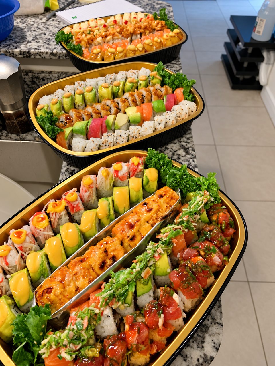 Bandejas de sushi de Tu Sushi 305 preparadas en casa en 2020.